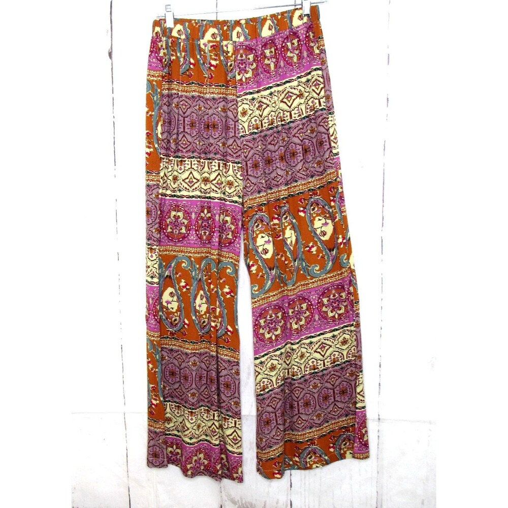 Umgee Women's Wide Leg Pants Elastic Waist Multicolor Boho Hippie Size L